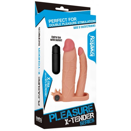Удлиняющая вибронасадка для двойного проникновения Lovetoy Pleasure X Tender Vibrating Double Penis Sleeve + 8 см