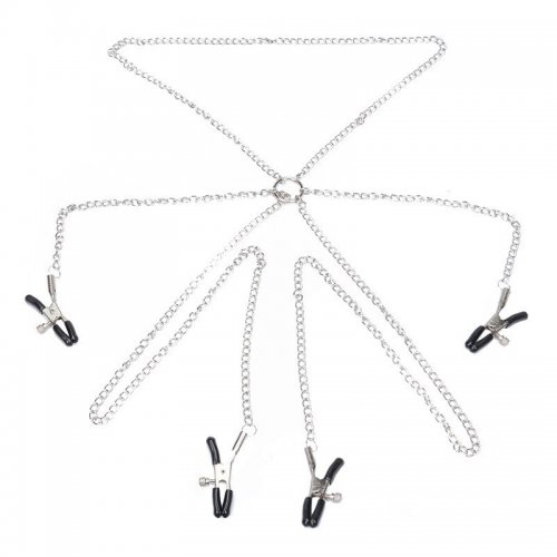 Серебряные зажимы Kissexpo на соски и половые губы с цепью на шею