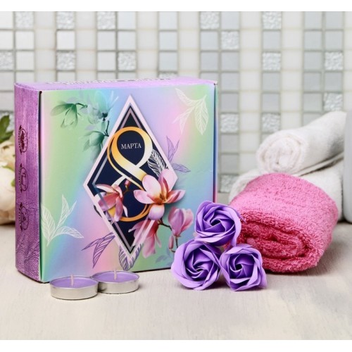 Подарочный набор Shine Bright, мыльные розы 3 шт., 2 свечи, полотенце