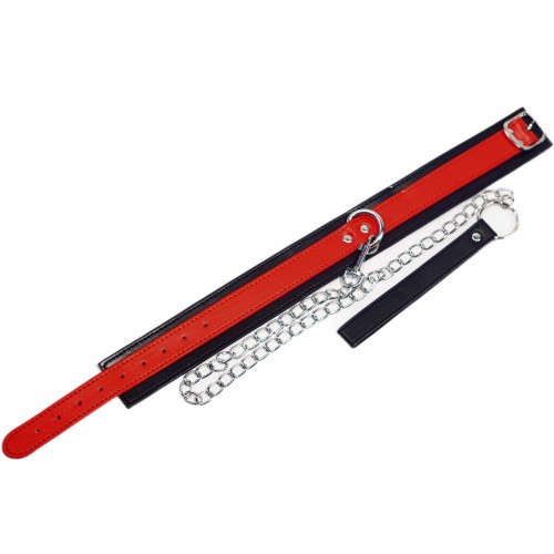 Красно-черный БДСМ ошейник с поводком Kissexpo