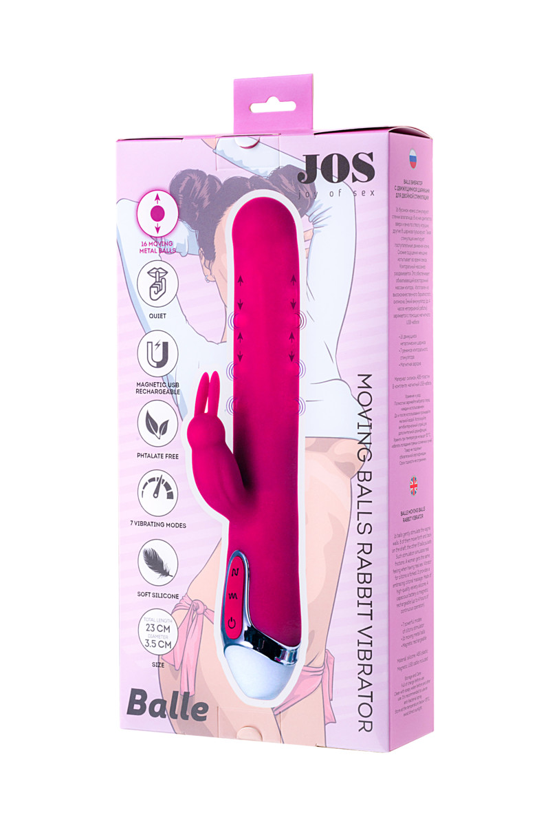 Вибратор с клиторальным стимулятором JOS BALLE, с движущимися шариками, розовый, 23 см
