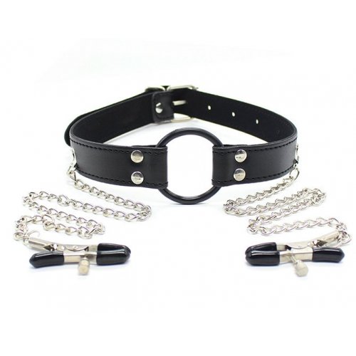 Кляп кольцо-расширитель Kissexpo с зажимами для сосков