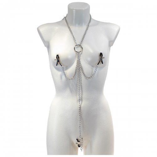 Серебряные зажимы на соски и клитор Kissexpo с цепью на шею