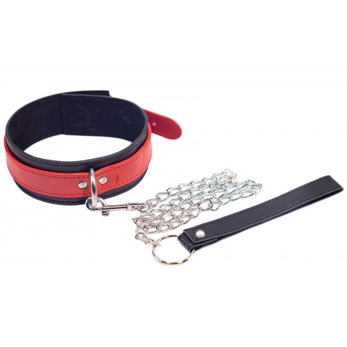 Красно-черный БДСМ ошейник с поводком Kissexpo