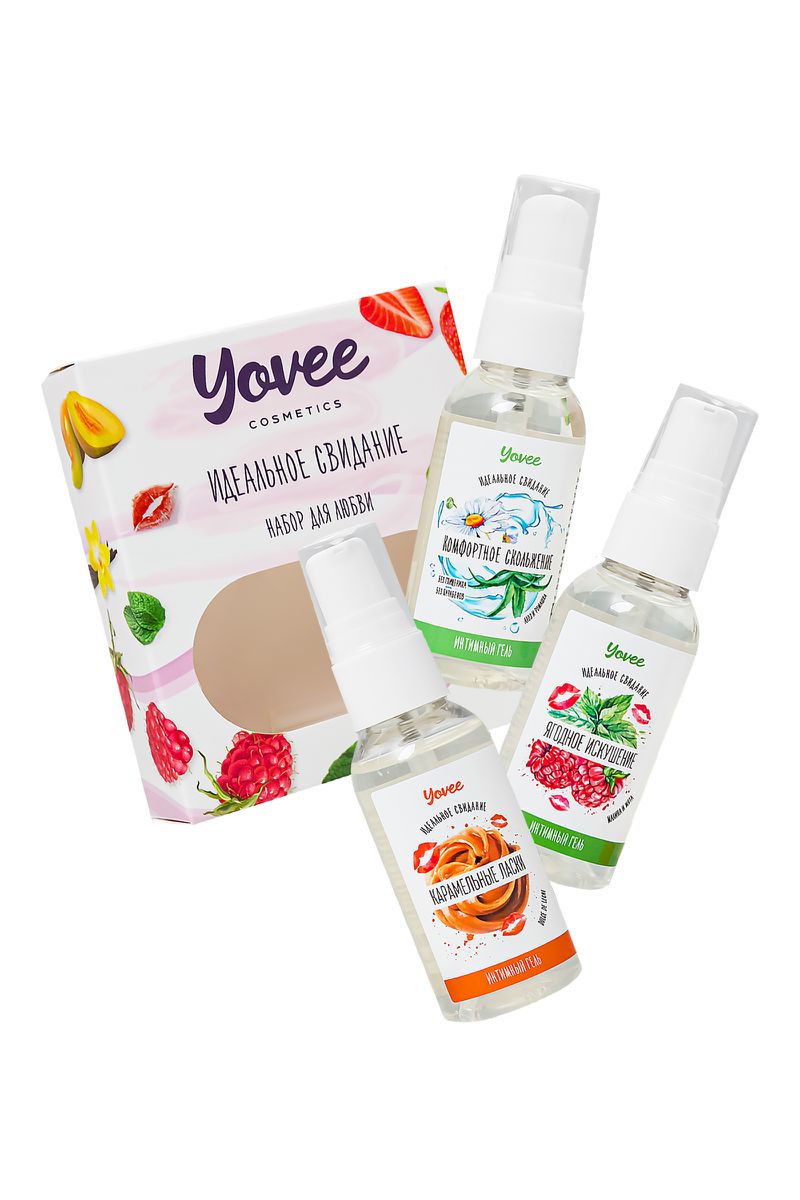 Набор гелей-смазок Yovee для любви, вкус(мал/мята+карам) + увл(алоэ), 3х50 мл