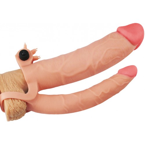 Удлиняющая вибронасадка для двойного проникновения Lovetoy Pleasure X Tender Vibrating Double Penis Sleeve + 8 см