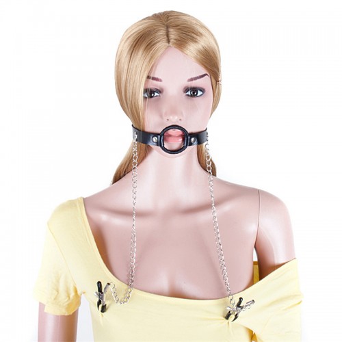 Кляп кольцо-расширитель Kissexpo с зажимами для сосков