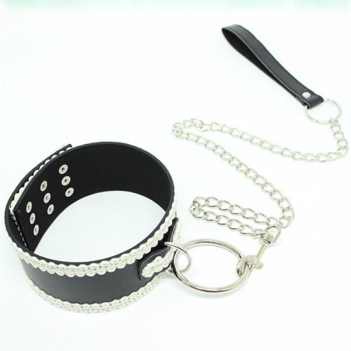Черно-белый БДСМ ошейник с поводком Kissexpo