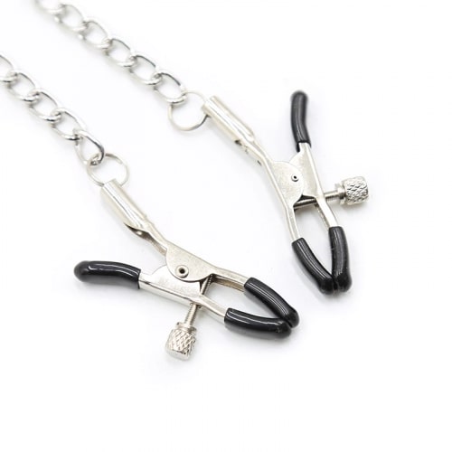 Серебряные зажимы на соски и клитор Kissexpo с цепью на шею