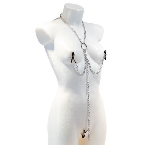 Серебряные зажимы на соски и клитор Kissexpo с цепью на шею