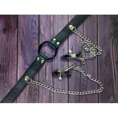 Кляп кольцо-расширитель Kissexpo с зажимами для сосков