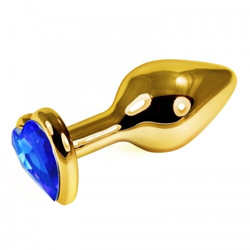 Золотистая анальная пробка Nlonely с синим камушком в виде сердечка M