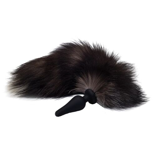 Силиконовая анальная втулка Kissexpo с черным хвостиком из натурального меха Furry Fox 51 см