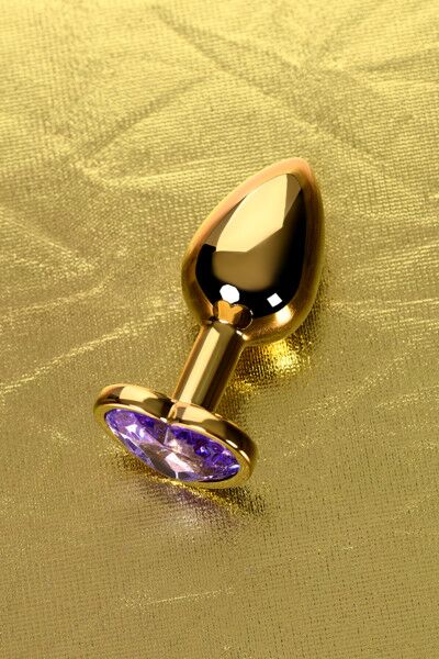 Анальная втулка TOYFA, металл, золотая, с фиолетовым кристаллом, 7 см