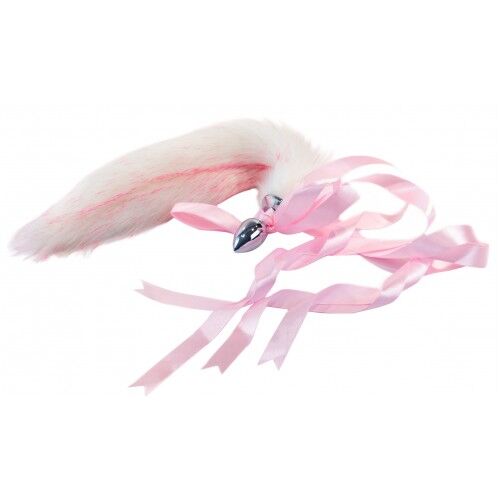 Металлическая анальная пробка Kissexpo S белый хвостик с розовым напылением 42 см