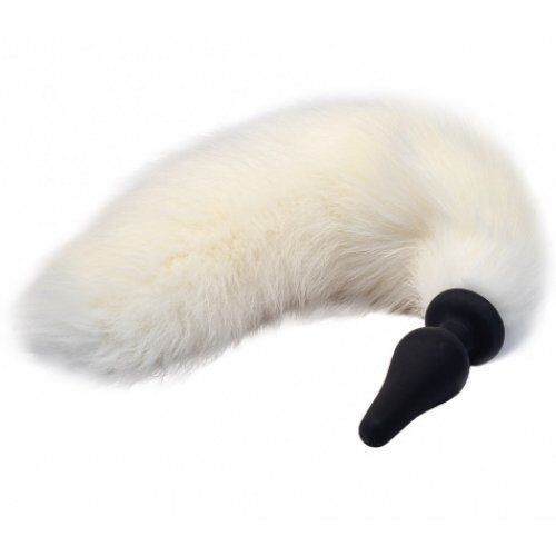 Силиконовая анальная втулка Kissexpo с белым хвостиком из натурального меха Furry Fox 51 см