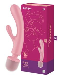 Двусторонний вибратор Satisfyer с клиторальным стимулятором Wand+ Rabbit Triple Lover розовый